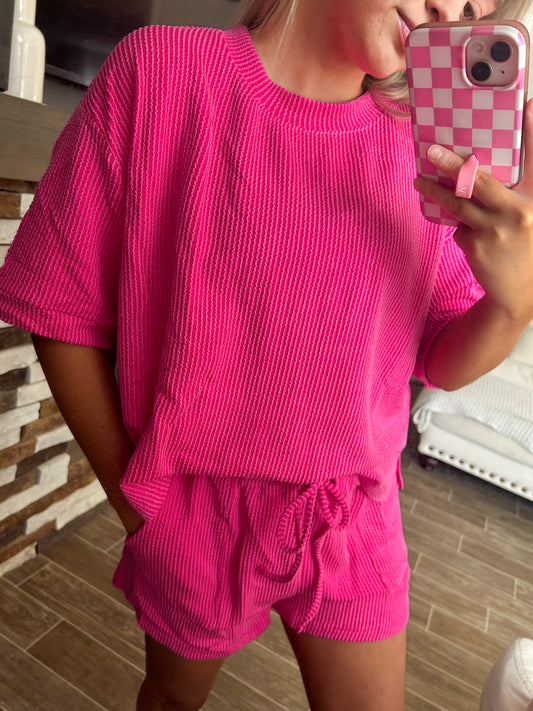 Spring Ribbed Set - Hot Pink