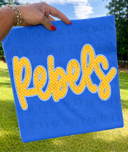 Yellow Cursive Polka Dot Rebels