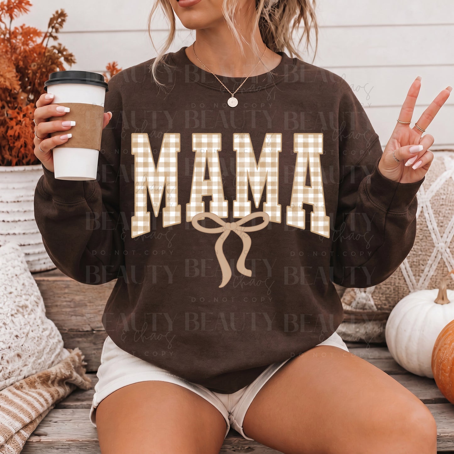 Tan Gingham Bow Varsity Mama (Any Wording!)